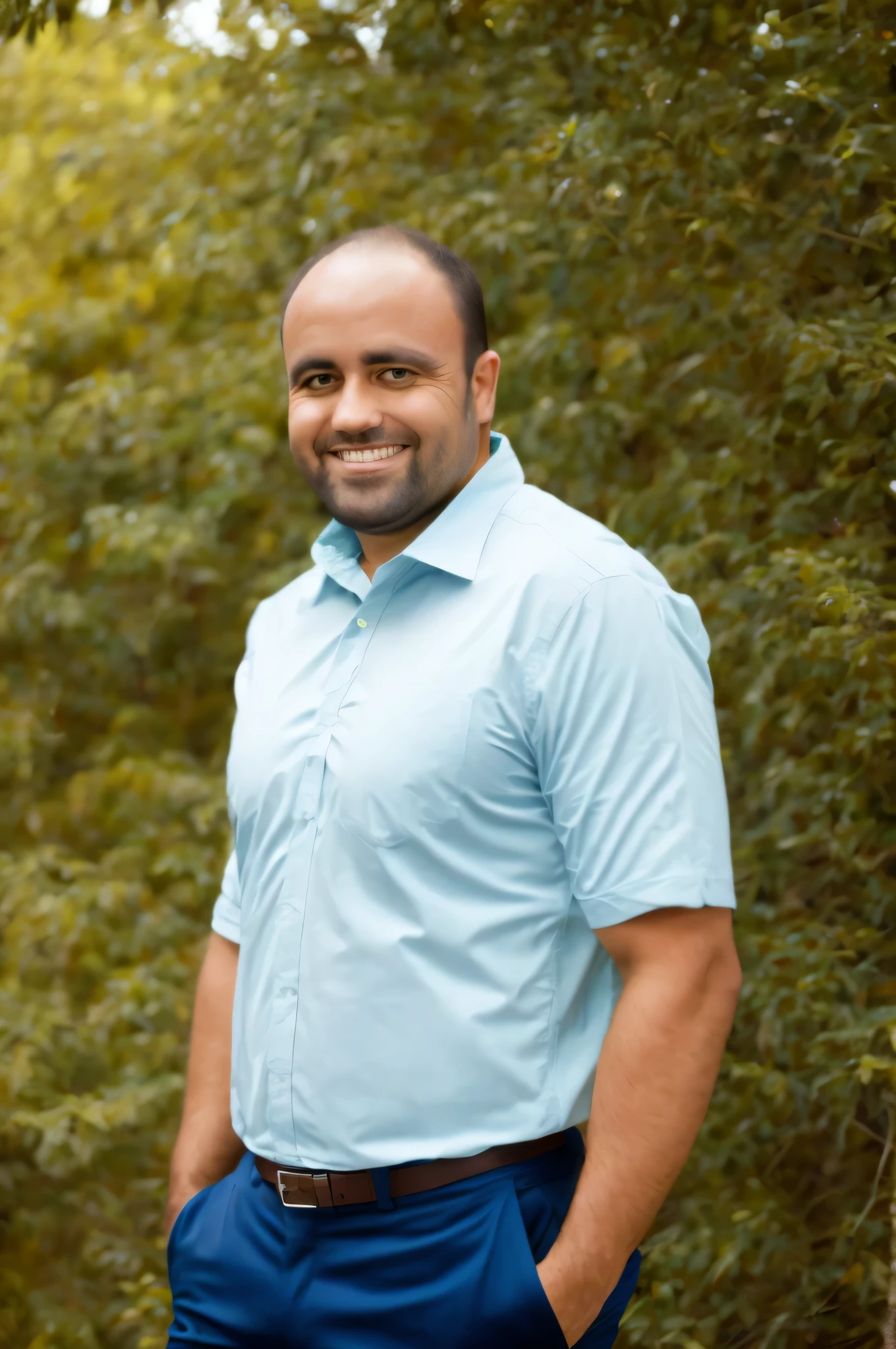 Foto CRU, meio da foto de um homem musculoso de 30 anos, pouco cabelo, em uma camisa casual, mas bem ajustada, standing against a flat background. Sorriso confiante, esquentar, soft lighting to emphasize facial and physical features. foto colorida.