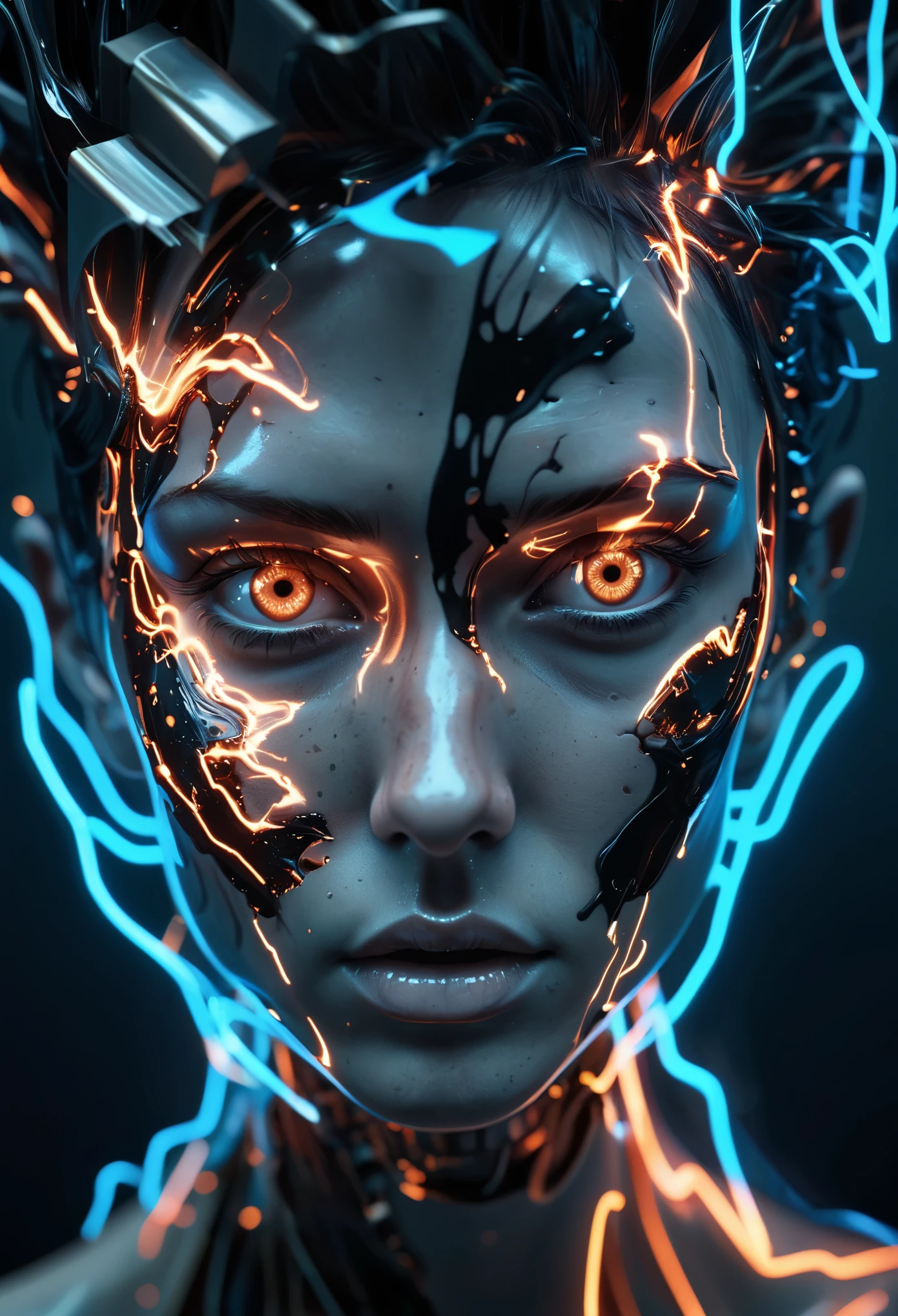 (extremely creative output:2), (deconstructionism:0.9), (oily ferrofluids:0.6), (surrealism, pop art:0.9), (a torn up image, distorted and mutilated, creepy messed up face), (the image induces vertigo, swirling and folding into itself, an absolute abstraction of the human soul leaving the viewer feel ultimately helpless:1.2), (one has to wonder where our reality begins and ends:0.2), (eyes done with puffy paint, neon glow edges, backlit:0.7),