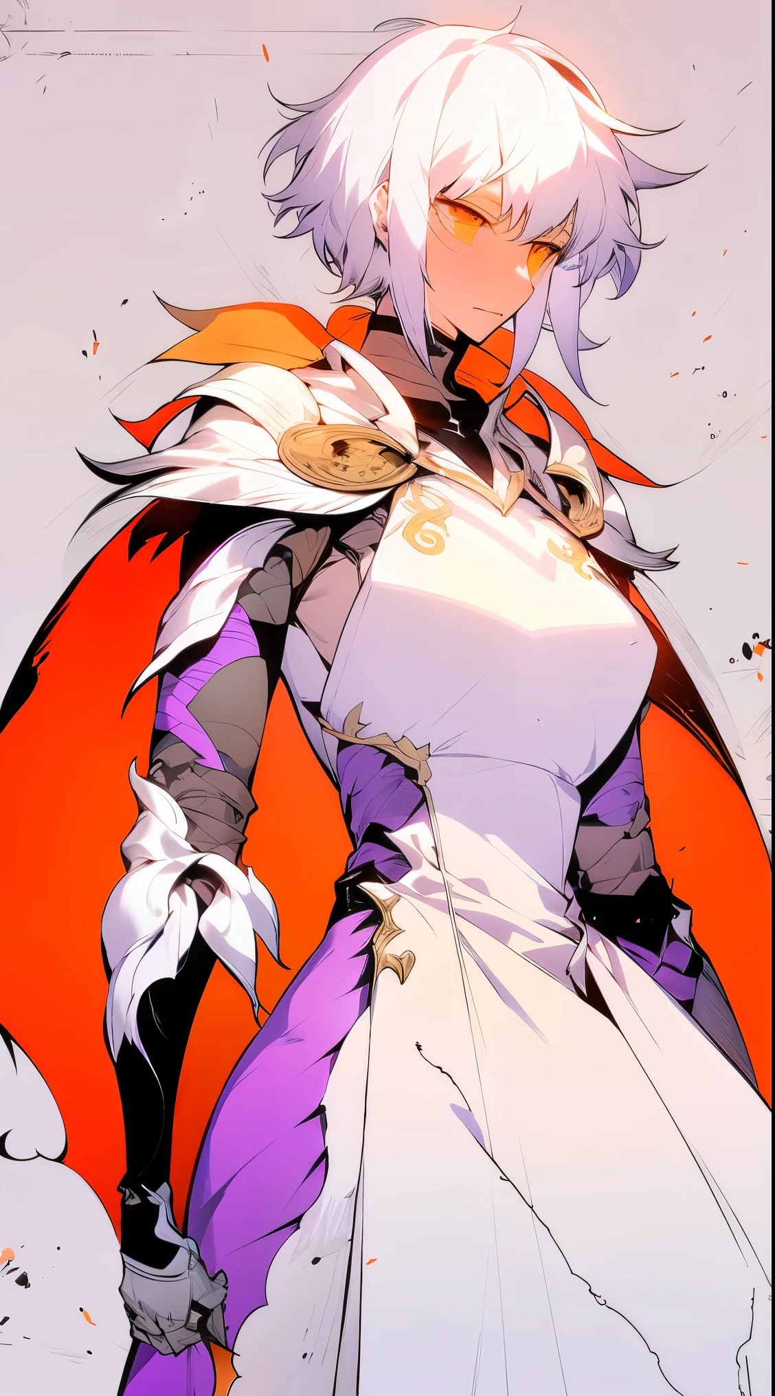 woman in fantasy clothes, Mask, white short hair in a ponytail, orange eyes, white hood, Torn black scarf, white purple and black Armor, aura (orange),, perfect , intricate pencil sketch, expressive eyes and nose and mouth, un-zoom, highly detailed, white background