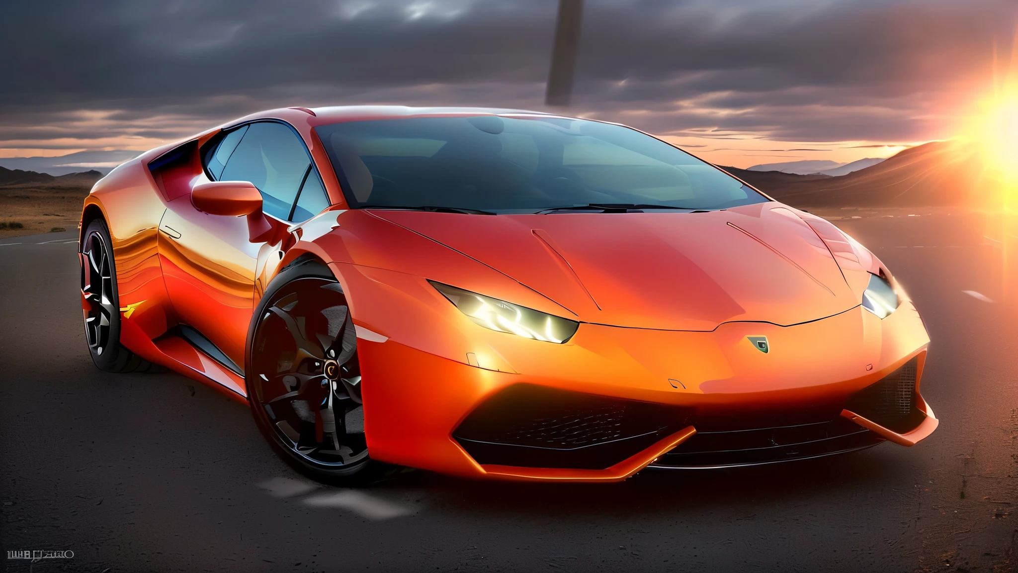 photo of a Lamborghini huracan ,8k uhd,high quality,road,sunset,motion blur,depth blur,cinematic,filmic image 4k,8k with [George Miller's Mad Max style]. The image should be [ultra-realistic],with [high-resolution] captured in [natural light]. The lighting should create [soft shadows] and showcase the [raw] and [vibrant colors],