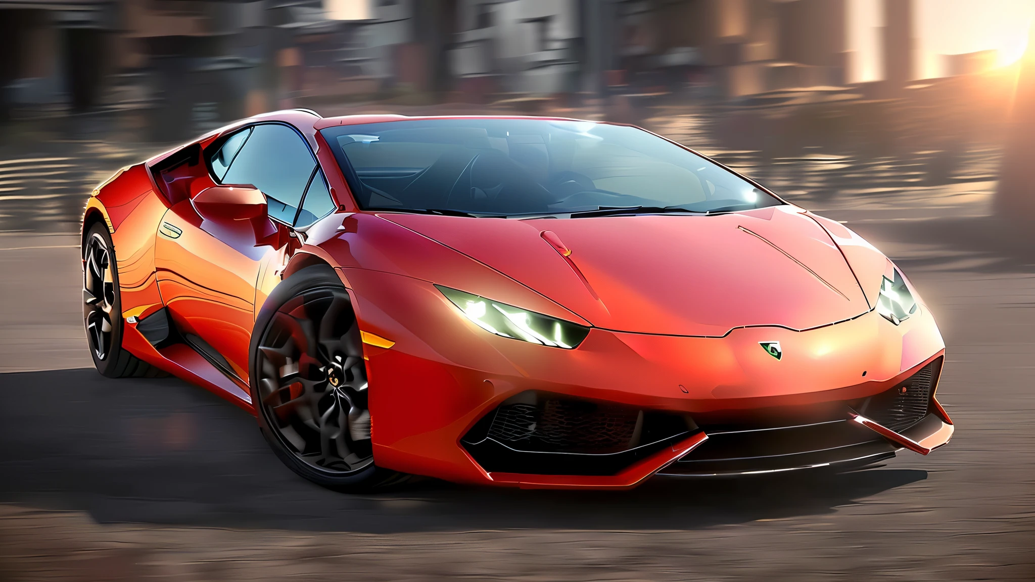 photo of a Lamborghini huracan ,8k uhd,high quality,road,sunset,motion blur,depth blur,cinematic,filmic image 4k,8k with [George Miller's Mad Max style]. The image should be [ultra-realistic],with [high-resolution] captured in [natural light]. The lighting should create [soft shadows] and showcase the [raw] and [vibrant colors],