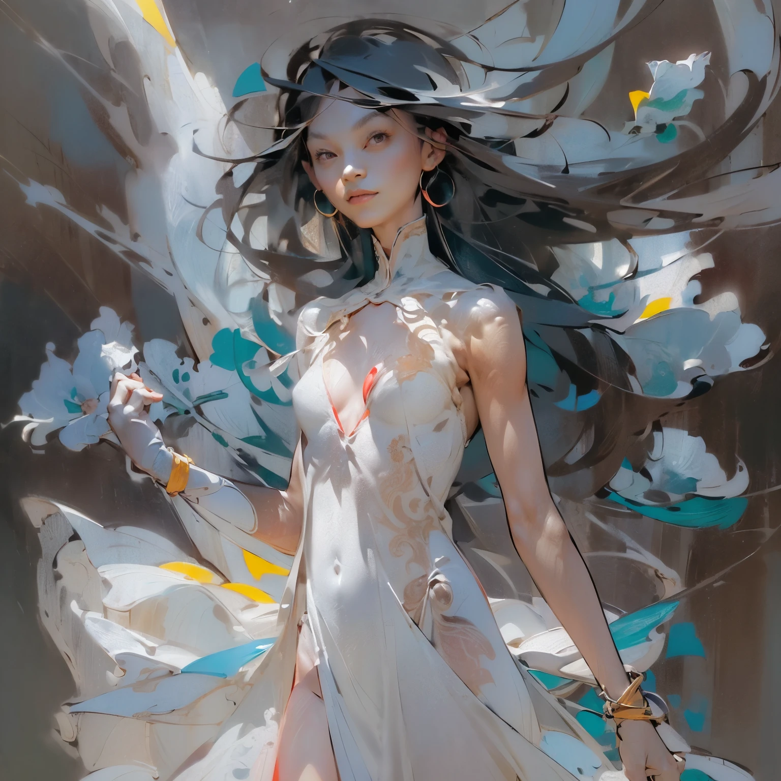 ((Create MaxZenArt!)), (Yuna), (young girl, , naked, full length, naked body, dark hair, light skin, scarlet lips, smile; black, expressive playful eyes, long eyelashes))_( (Top quality, masterpiece), (one young girl - 16 years oldl length, white hair, white skin, scarlet lips-smile; black, expressive playful eyes, long eyelashes), (black translucent - chiffon dress, gold line, very short peignoir dress, (erotica), (sexuality), (very sexy body, seductive body, small beautiful breasts, genitals), (calm relaxed pose, hair fluttering in the wind, half turned, look at the viewer, stylish girl- model))_((Digital painting, wide brush strokes, outstanding skill, oil painting), (daylight, soft warm shadows, contrasting cold light, reflexes, refraction, tracing))_((background - stunning blooming irises; ( purple, yellow, blue, white), (petals, shoots))_((Highest quality workmanship, realism, digital painting, modern brushwork, clear correct anatomy, grace, simplicity of execution))