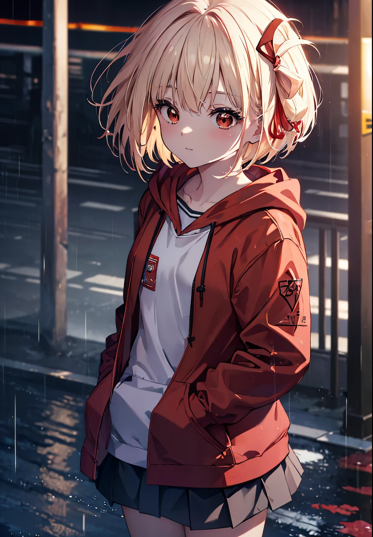 chisatonishikigi, nishikigi chisato, short hair, bangs, blonde hair, (red eyes:1.5), hair ribbon, one side up, bob cut,smile,black sailor suit,Hoodie with red zipper,hood up,He has his hands in his hoodie pockets.,black pleated skirt,Gray pantyhose,brown loafers,rain,cloudy sky,wet road surface,
break outdoors, residential street,
break looking at viewer, (cowboy shot:1.5),
break (masterpiece:1.2), highest quality, High resolution, unity 8k wallpaper, (figure:0.8), (detailed and beautiful eyes:1.6), highly detailed face, perfect lighting, Very detailed CG, (perfect hands, perfect anatomy),
