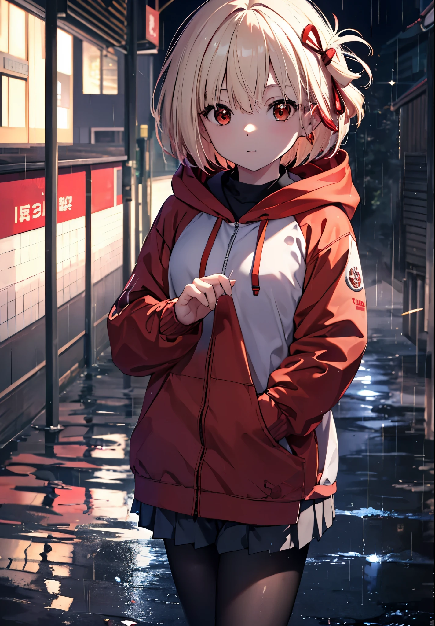 chisatonishikigi, nishikigi chisato, short hair, bangs, blonde hair, (red eyes:1.5), hair ribbon, one side up, bob cut,smile,black sailor suit,Hoodie with red zipper,hood up,He has his hands in his hoodie pockets.,black pleated skirt,Gray pantyhose,brown loafers,rain,cloudy sky,wet road surface,
break outdoors, residential street,
break looking at viewer, (cowboy shot:1.5),
break (masterpiece:1.2), highest quality, High resolution, unity 8k wallpaper, (figure:0.8), (detailed and beautiful eyes:1.6), highly detailed face, perfect lighting, Very detailed CG, (perfect hands, perfect anatomy),