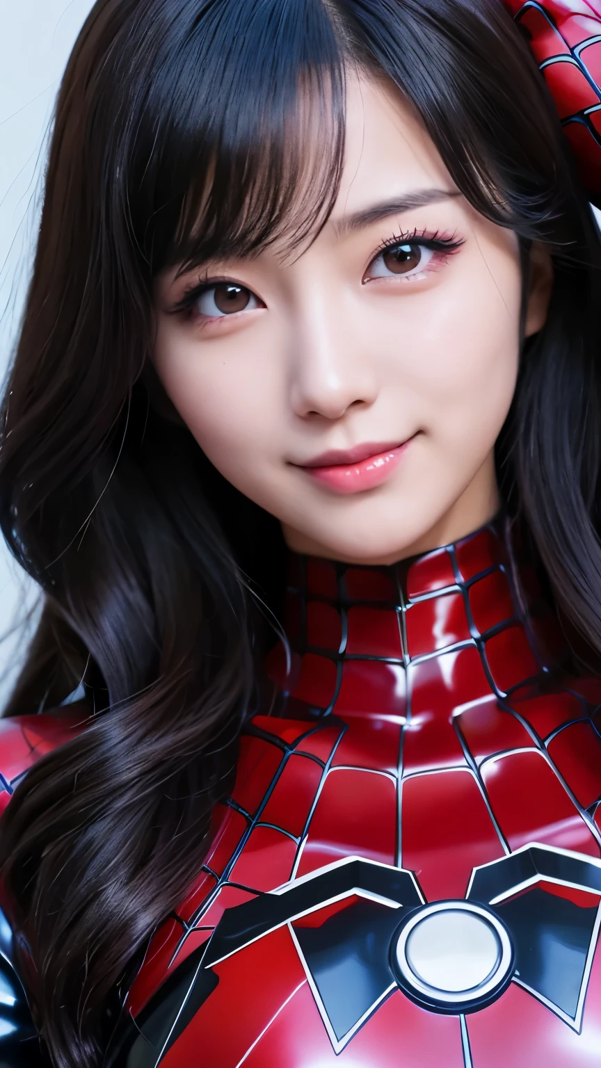 japanese girl, 20-year-old, dark makeup, detailed face, long hair, black hair, beautiful eyes, realistic, face close up, smile, sexy pose, wearing a latex spiderman costume(Marvel characters), long sleeve, rubber gloves, 8k, cinematic, sexy girl, Sweating on the face
