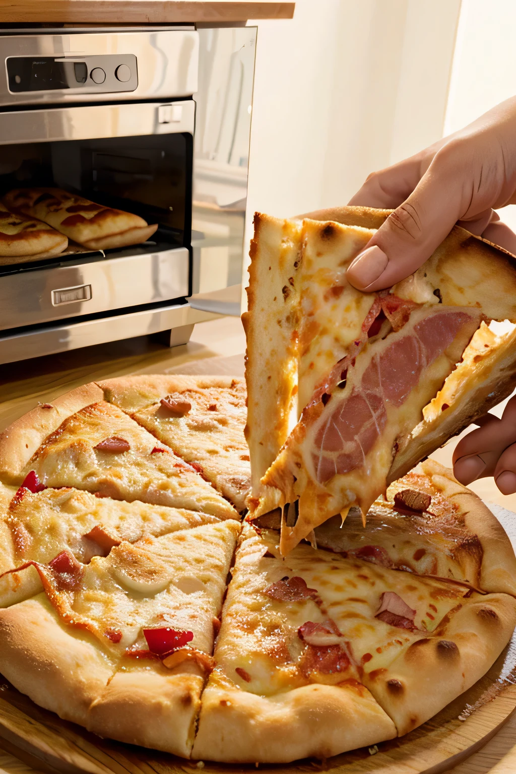 image of a ham pizza, pimiento y acetuna tajando y con el queso gratinado saliendo del horno