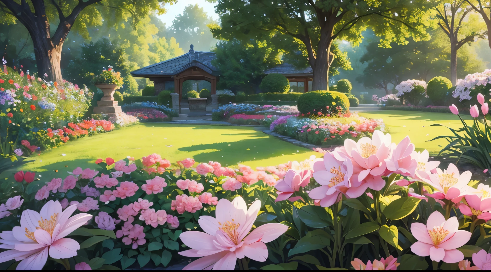 beautiful blossom flowers garden, beautiful blossom flowers, ((best quality)), ((masterpiece)), (detailed), (ultra detailed),