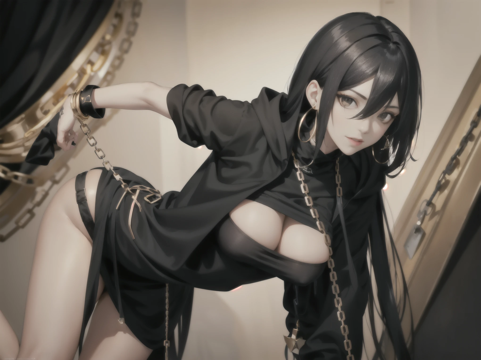 Masterpiece: 1.6, best quality: 1.4, live image: 1.2, intricate details: 1.2, charturnerv2: 1.2,
Appearance: (1girl character) Female: 1.25, thin: 1.3, black eyes, detailed eyes, Large breast, large ass, quality eyes, laughing,
Clothing: black hoodie with rolled up sleeves, black pants, wearing a hood,
Accessories: simple earrings, chains,
Hair: black hair, long hair,
Makeup: natural, shiny skin,
(Golden and black chain background: 1.3) (1girl)