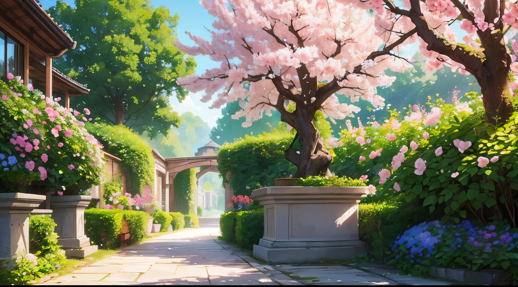beautiful blossom flowers garden, beautiful blossom flowers, ((best quality)), ((masterpiece)), (detailed), (ultra detailed),