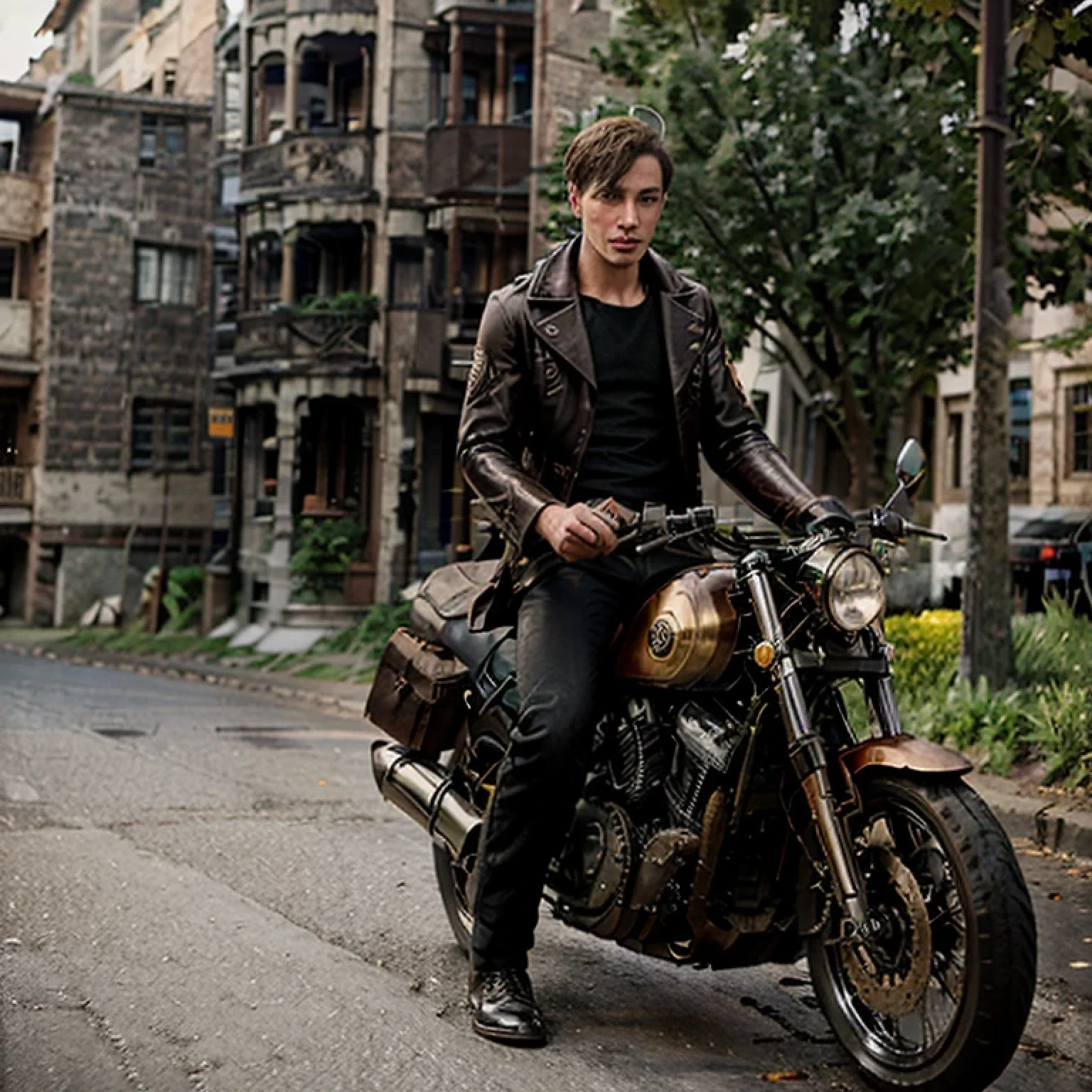 a hansome steampunk style youngman, riding a steampunk style motorbike, wearing black jacket and long dress, in a steampunk style village, ((chrome:1.05))