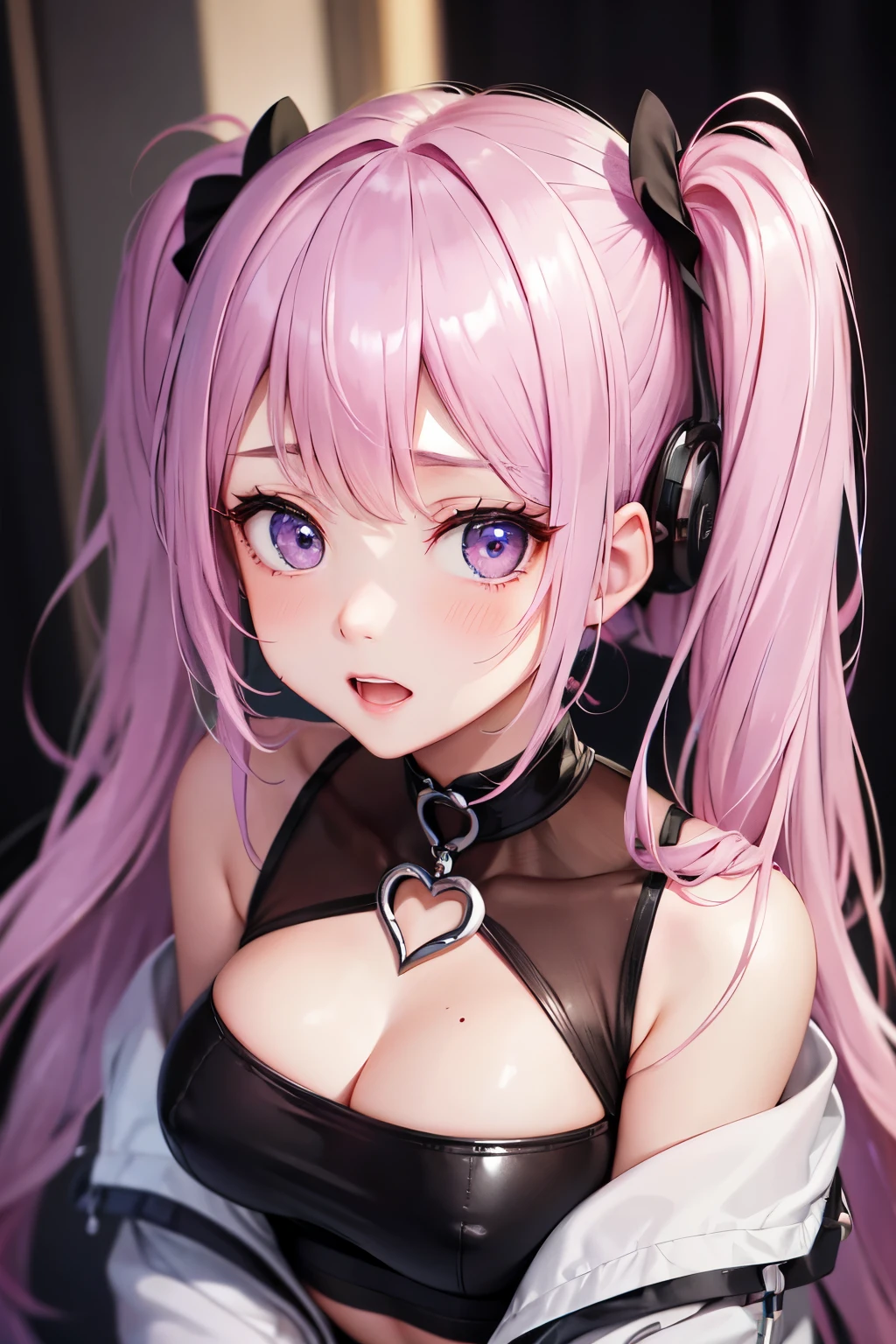 striped hair,pink twintail hair, Hello,  mole under eye, mole under mouth, heart shaped eyes, long eyelashes, pink eyes, heart shaped choker、Full body Esbian、look at the audience、shy, blush, teeth, ear blush, nose blush,anime style, color field paint, ray tracing, bloom, one person&#39;point of view, nffsw, award-winning, 16k, 最high quality, advanced details, high quality, table top, High resolution, Accurate, Super detailed