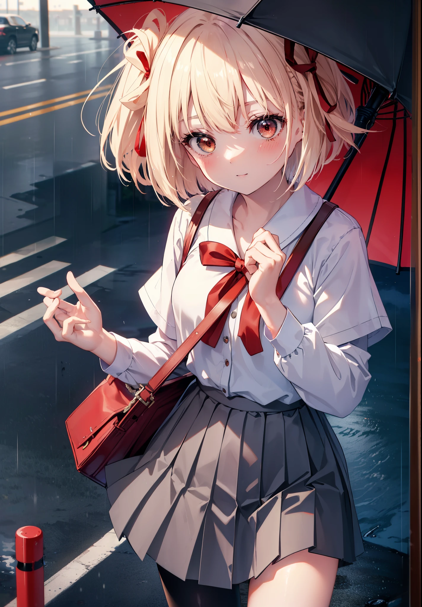 chisatonishikigi, nishikigi chisato, short hair, bangs, blonde hair, (red eyes:1.5), hair ribbon, one side up, bob cut,smile,blush,open your mouth,black sailor suit,black pleated skirt,Gray pantyhose,brown loafers,umbrella,rain,cloudy sky,wet road surface,
break outdoors, residential street,
break looking at viewer, (cowboy shot:1.5),
break (masterpiece:1.2), highest quality, High resolution, unity 8k wallpaper, (figure:0.8), (detailed and beautiful eyes:1.6), highly detailed face, perfect lighting, Very detailed CG, (perfect hands, perfect ???????),