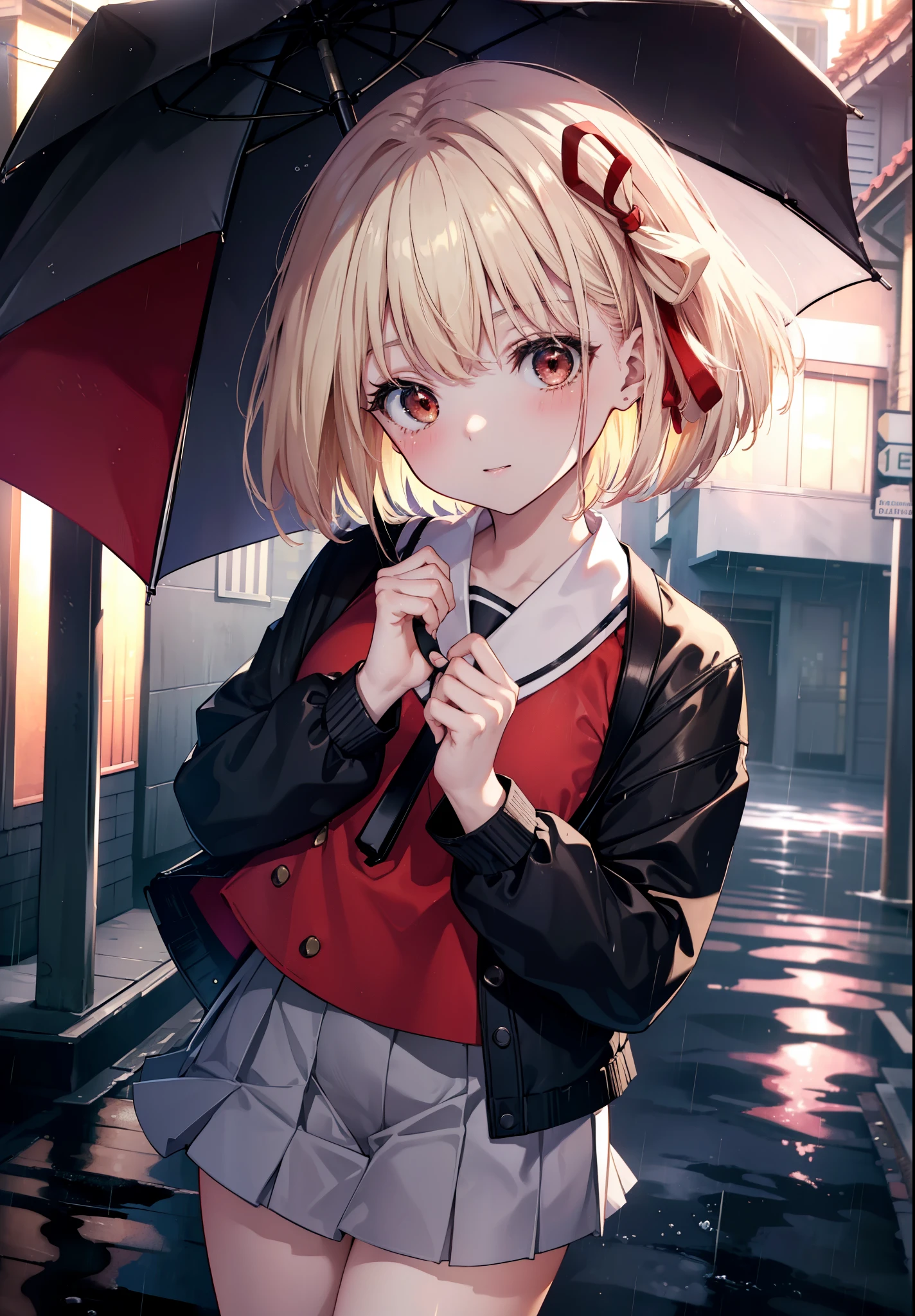 chisatonishikigi, nishikigi chisato, short hair, bangs, blonde hair, (red eyes:1.5), hair ribbon, one side up, bob cut,smile,blush,open your mouth,black sailor suit,black pleated skirt,Gray pantyhose,brown loafers,umbrella,rain,cloudy sky,wet road surface,
break outdoors, residential street,
break looking at viewer, (cowboy shot:1.5),
break (masterpiece:1.2), highest quality, High resolution, unity 8k wallpaper, (figure:0.8), (detailed and beautiful eyes:1.6), highly detailed face, perfect lighting, Very detailed CG, (perfect hands, perfect anatomy),