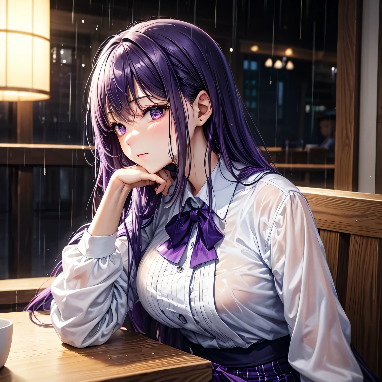 Create a woman with purple hair her blouse is white and her skirt is blue in a cafe sitting in Japanese style and it's a rainy day. and her blouse is wet