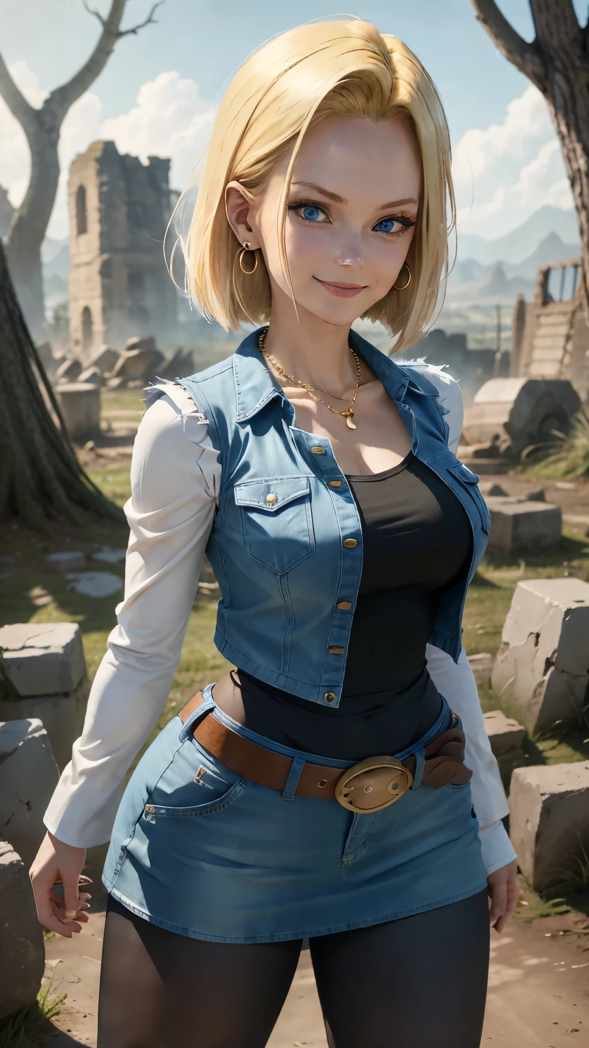 best quality, high-res, and18, 1girl, android 18, solo, blonde hair, blue eyes, belt, blue demin bodycon skirt, gold necklace, black shirt, short hair, long sleeves, white striped sleeves, earrings, open vest, blue denim vest, large breasts, cowboy shot, forest, straight-on, (weather: windy), combat stance, full length pantyhose, battle ruins, wide hips, shy smile,