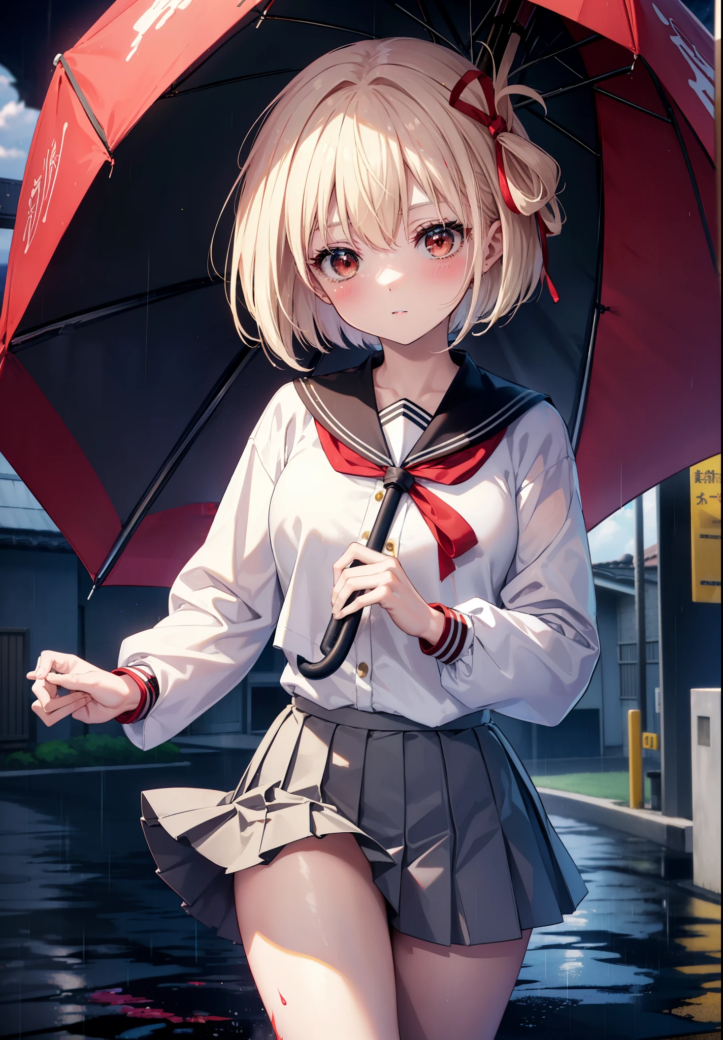 chisatonishikigi, nishikigi chisato, short hair, bangs, blonde hair, (red eyes:1.5), hair ribbon, one side up, bob cut,smile,blush,open your mouth,black sailor suit,black pleated skirt,Gray pantyhose,brown loafers,umbrella,rain,cloudy sky,wet road surface,
break outdoors, residential street,
break looking at viewer, (cowboy shot:1.5),
break (masterpiece:1.2), highest quality, High resolution, unity 8k wallpaper, (figure:0.8), (detailed and beautiful eyes:1.6), highly detailed face, perfect lighting, Very detailed CG, (perfect hands, perfect anatomy),