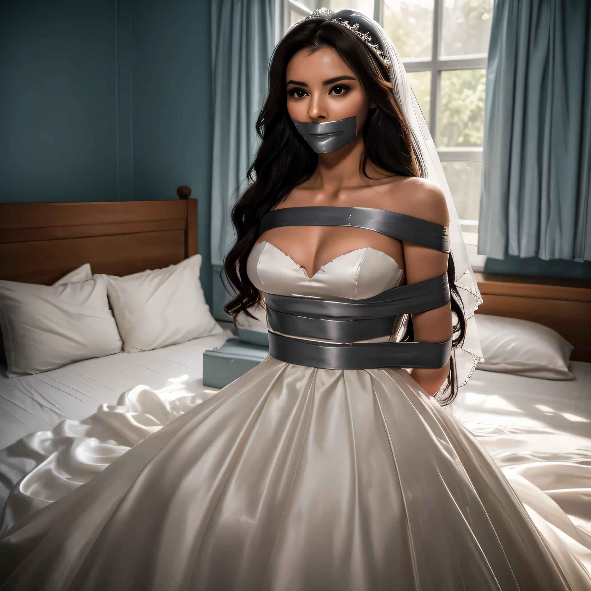 (bright lighting,romantic setting),bride captured, dreamy background,bondage,dark hair, mesmerizing gaze, , soft skin, alluring beauty, artistic portrait, high-quality image, vibrant colors, long silk gown, in the bed,tape bondage,tape gag, mosquito net, bridal