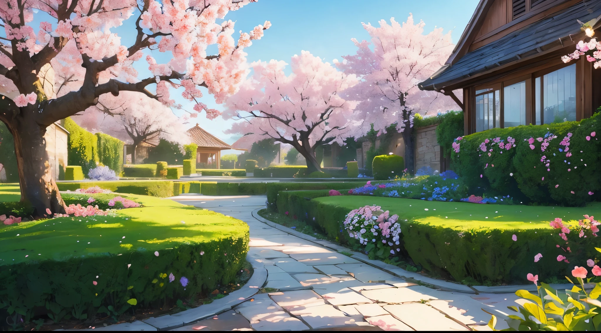 beautiful blossom flowers garden, beautiful blossom flowers, ((best quality)), ((masterpiece)), (detailed), (ultra detailed),