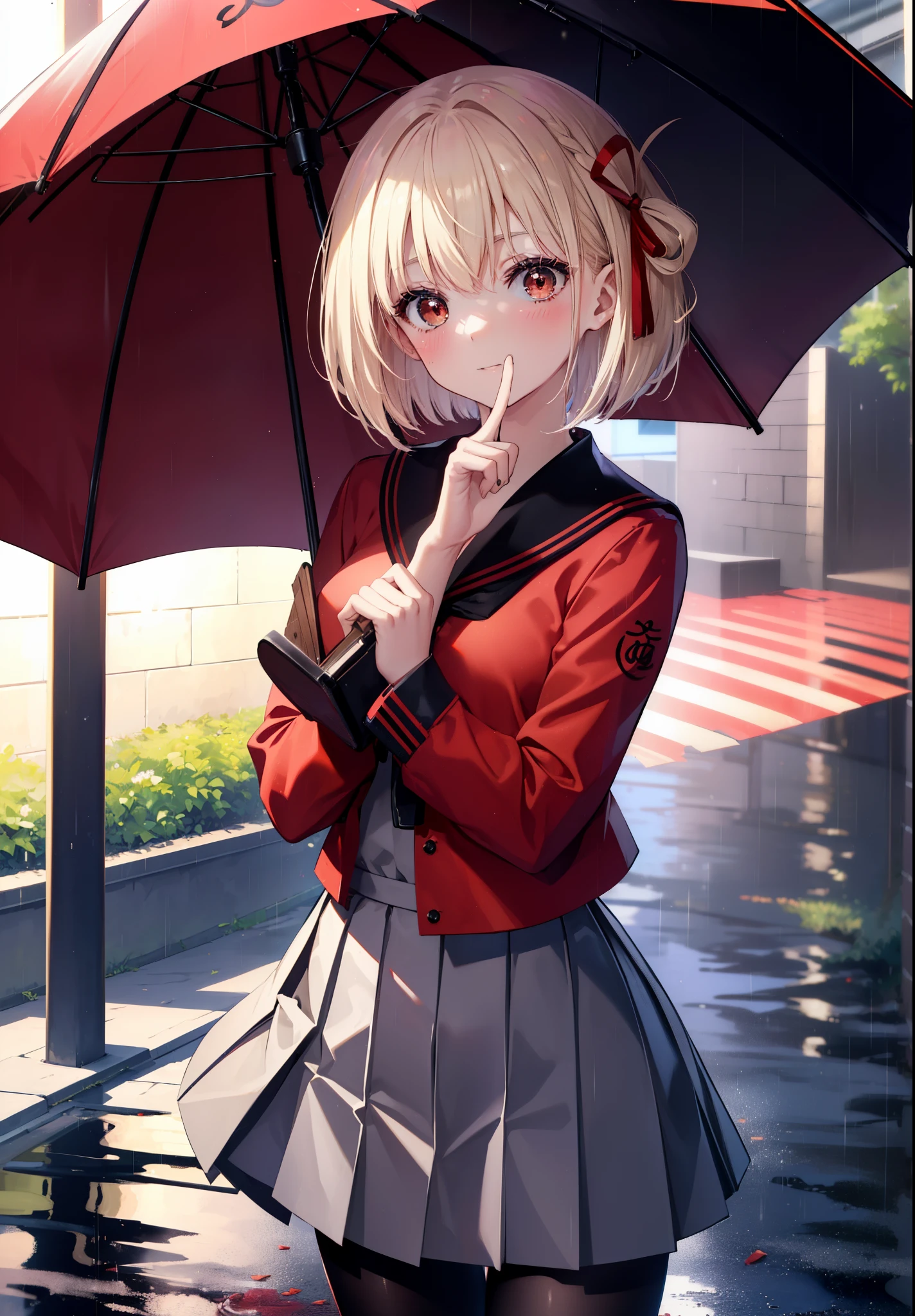 chisatonishikigi, nishikigi chisato, short hair, bangs, blonde hair, (red eyes:1.5), hair ribbon, one side up, bob cut,smile,blush,open your mouth,black sailor suit,black pleated skirt,Gray pantyhose,brown loafers,umbrella,rain,cloudy sky,wet road surface,
break outdoors, residential street,
break looking at viewer, (cowboy shot:1.5),
break (masterpiece:1.2), highest quality, High resolution, unity 8k wallpaper, (figure:0.8), (detailed and beautiful eyes:1.6), highly detailed face, perfect lighting, Very detailed CG, (perfect hands, perfect anatomy),