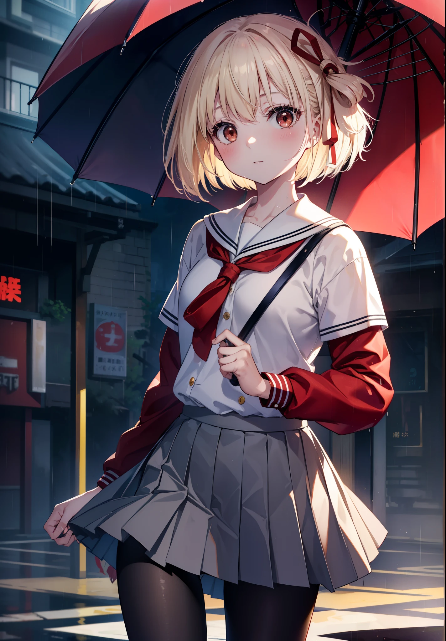chisatonishikigi, nishikigi chisato, short hair, bangs, blonde hair, (red eyes:1.5), hair ribbon, one side up, bob cut,smile,blush,open your mouth,black sailor suit,black pleated skirt,Gray pantyhose,brown loafers,walking,On the way to school,umbrella,rain,cloudy sky,wet road surface,So that the whole body goes into the illustration,
break outdoors, residential street,
break looking at viewer, (cowboy shot:1.5),
break (masterpiece:1.2), highest quality, High resolution, unity 8k wallpaper, (figure:0.8), (detailed and beautiful eyes:1.6), highly detailed face, perfect lighting, Very detailed CG, (perfect hands, perfect anatomy),