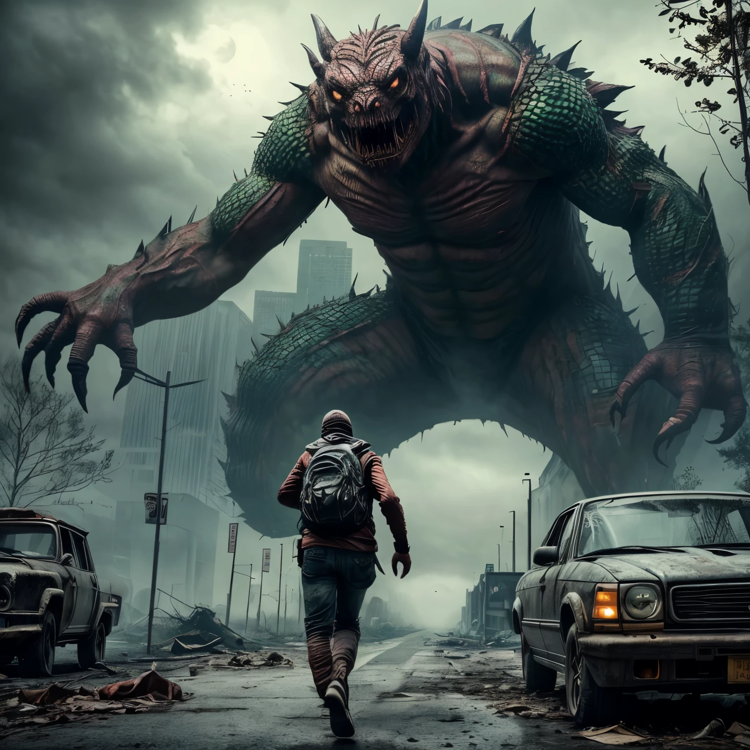 a giant monster with a lizard body, leafy back with plant spines and leaves, Spitting acid on the floor, devastated city, ultra-detailed, huge size, destructive nature, Sinister presence, fierce expression, intense gaze, Defaced Buildings, destroyed vehicles, Ruined infrastructure overrun by vegetation, plants and flowers, dark and gloomy atmosphere, Smoke and debris filling the air, epic battle scene, terrified fleeing humans, twisted metal and broken concrete, desolate streets, foggy silhouette of the monster, apocalyptic scenery,surreal lighting, Ominous clouds, decayed foliage, Ominous shadows, muted colors, Texture of decaying structures, Post-apocalyptic monstrosity, anime style, (masterpiece, top quality:1.2), super detailed, cinematic lighting, HDR, girl running from the monster, full body, fear, screaming, 58 years old,