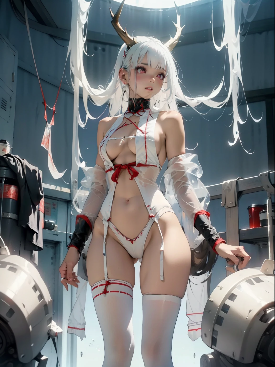 Sexy brown skin Azur Lane waifu，small breasts，Curves are super thick，sixpack abs，Tied to a torture chair，Torture machine，chain，Trapped，in basement，Hostaged，nipple torture，electric chair，Sadness and crying，dreads，urinating on herself，，Tight(White transparent ultra-small cloth bikini，see-through thong，Open the thong vaginal run，Leucorrhoea， The blown tide revealed her breasts，camel-toe，diamond jewelly，Harajuku girl makeup， Sexy breast indentation， evoke， sfv， one-girl， solo， Perfect body， s the perfect face， perfect hand， Perfect Finger， Perfect lips， perfect  eyes， Perfect background， perfect atmosphere， Professional quality， 8K， Perfect photography， Highest high resolution， 8K， Ray traching， perfect volumetric lighting， High-quality octane rendering， high quality vector， ultra - detailed， SAW movie scenes， Torture chamber， Clear skin， minimalistbackground， Perfect skin， no abberations, shimanto, horns from head, white hair, long hair, slender body, slender legs, red eyes, white stockings, white underwear