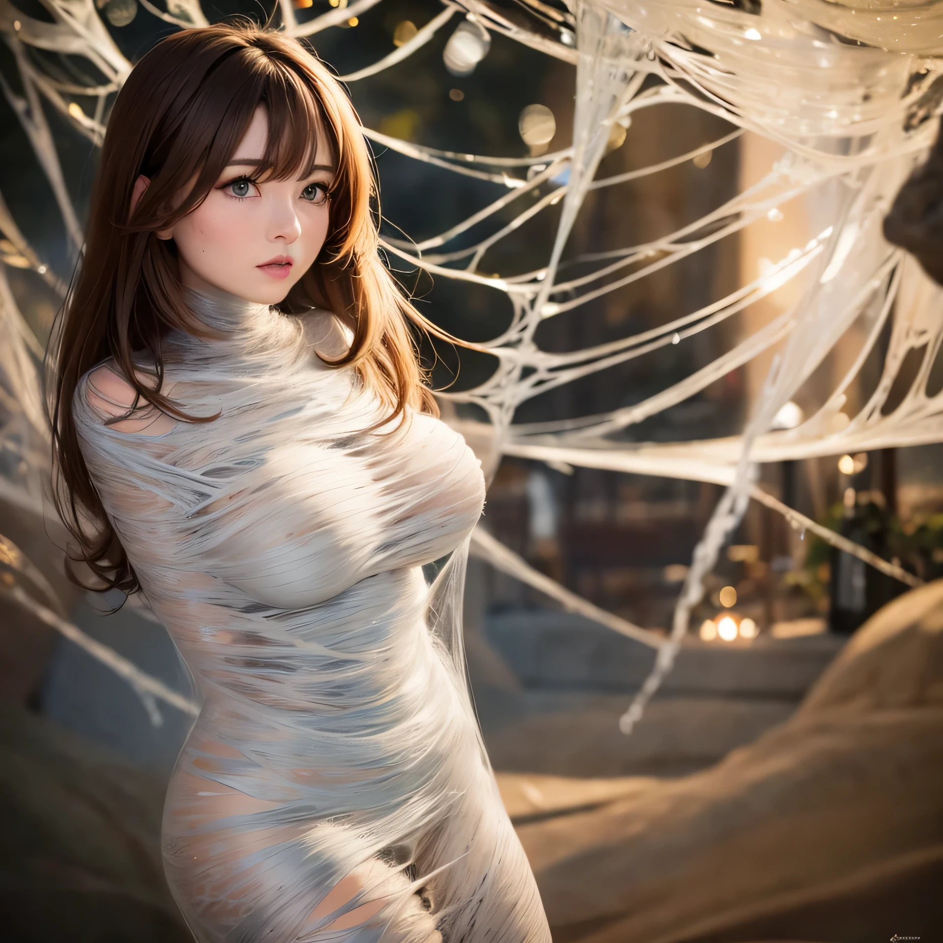 best quality,4k,8k,highres,masterpiece:1.2,ultra-detailed,realistic:1.37, HDR,UHD,studio lighting,ultra-fine painting,sharp focus,physically-based rendering,extreme detail description,professional,vivid colors,bokeh, portraits,web,subtle lighting,dark atmosphere, (cocoon:1.2), brown haired girl,