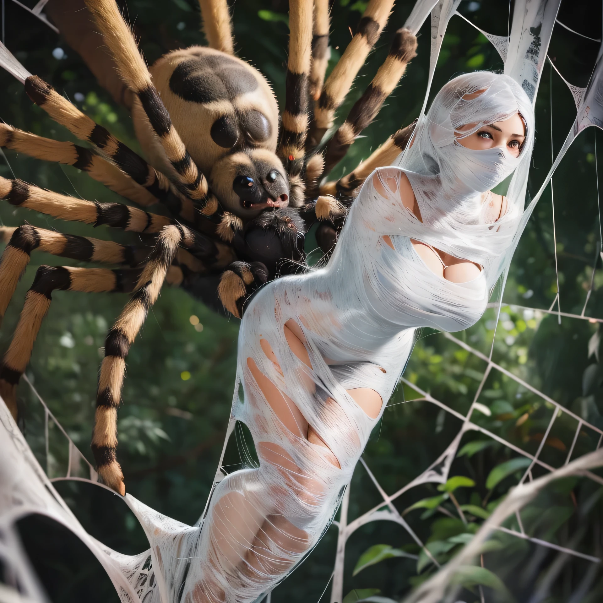 a girl entangled in the spider web, struggle, detailed classroom, (cocoon:1.3), spider web, hanging, spider in the web, spider