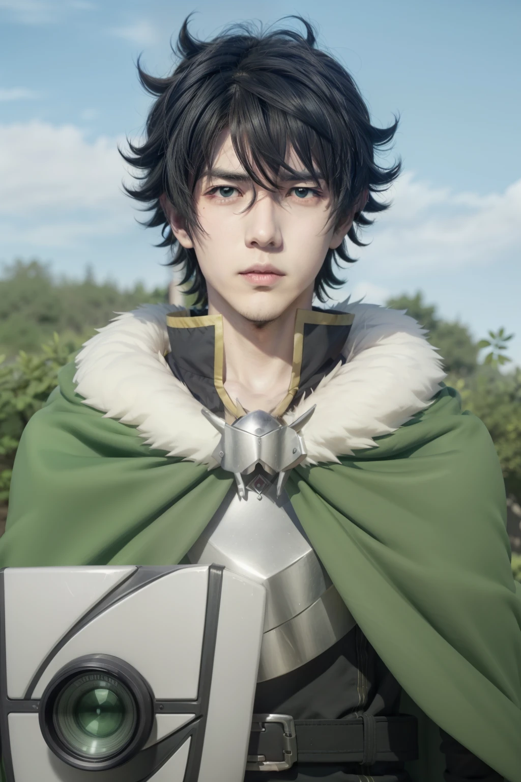 a closeup of a person wearing a cape and holding a camera, inspirado en Okumura Masanobu, yo era el punto, con una capa verde, Animes populares de Isekai, Hajime Yataté, pin en anime, personaje de anime masculino, chico anime alto con ojos azules, hombre guapo animado, anime sombreado cel, isekai, chico guapo en el arte de Demon Slayer