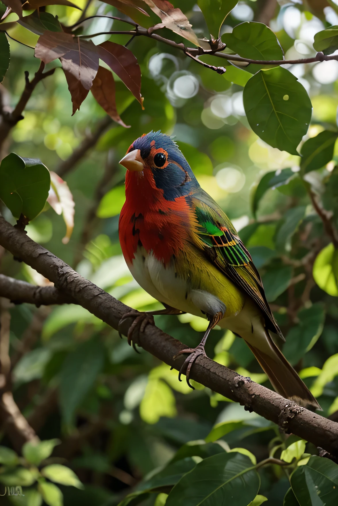 super detailed, photorealistic, painted bunting against a leafy background.  