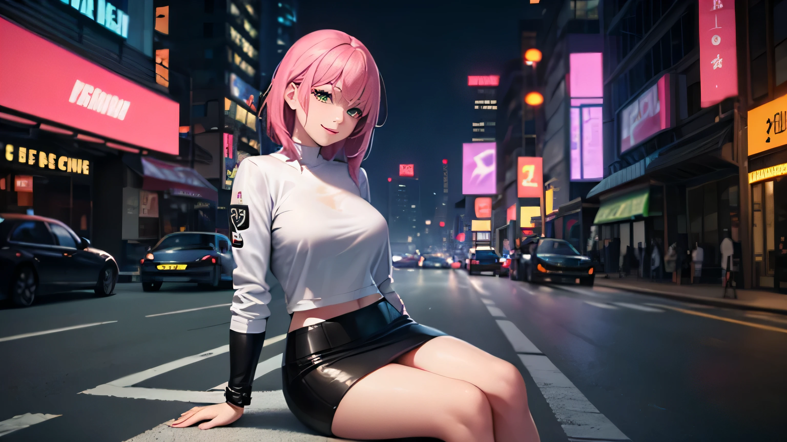 1 Asian girl, 25 year old, pink hair, green eyes, white skin, big , nice body shape, smile, sitting on the road, portrait, black leather jacket, white t shirt, black skirt, realistic drawing, rendered in unreal engine 5, high quality, background in the middle of street, cyberpunk city, neon lights, night time, shatter speed