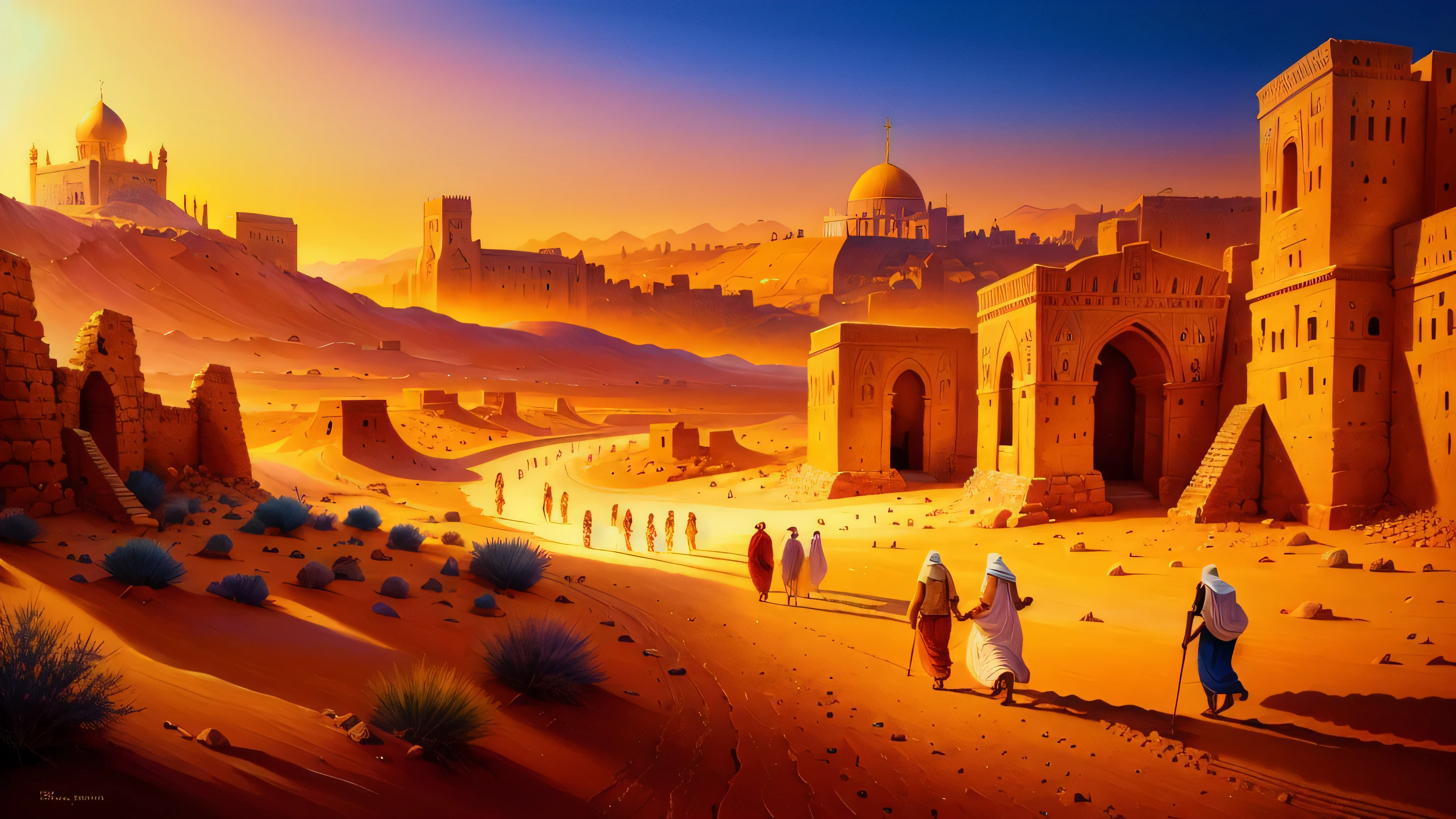 painting of a group of people walking across a desert area, holy city | illustration, biblical painting, ancient city landscape, jerusalem, bible illustration, city in desert, landscape illustration, village, christian art, painting of landscape, biblical art style, by Sam Bosma, peaceful scene, catholic religious art, biblical art, egyptian landscape, beautiful scene, religious painting