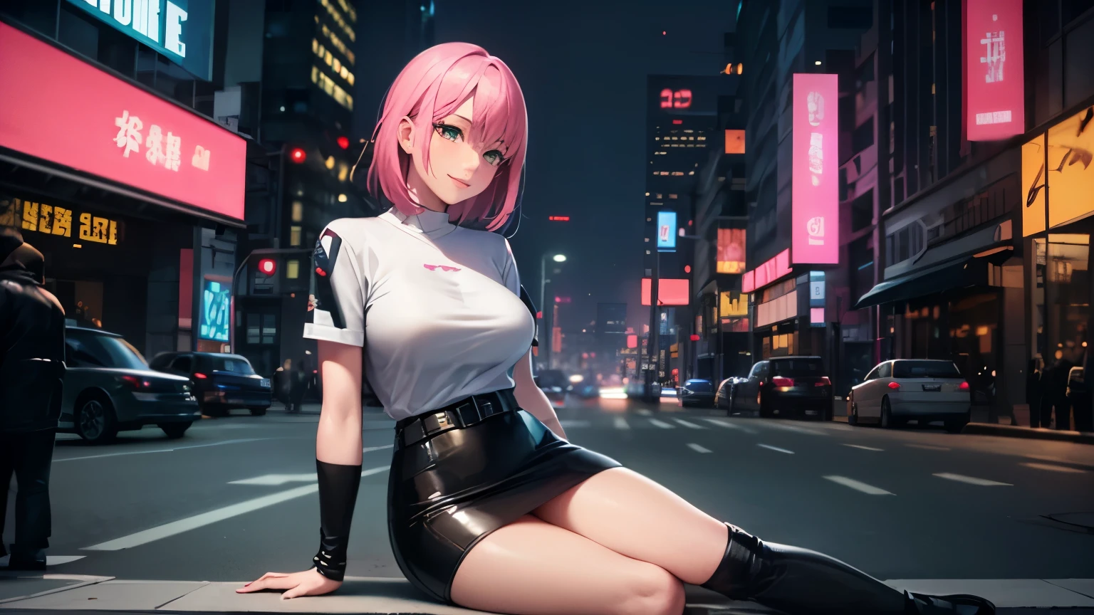 a handsome female, pink short hair, big breastes, hands on breast, teats, White short t-shirt, black choker, blackskirt, black tights, looks at the viewer, Sitting on the roof