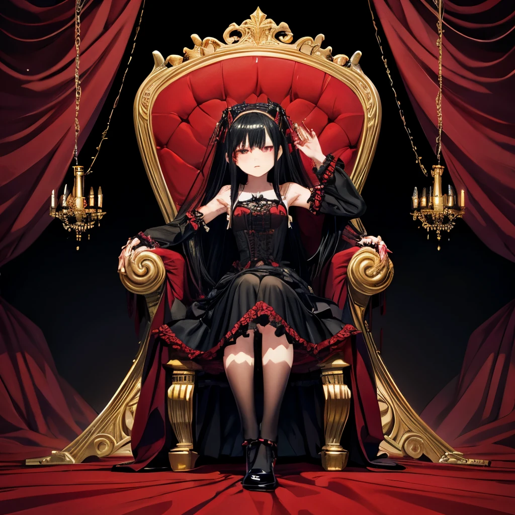 Girl, long black hair, red hair, gothic. Lolita black dress, , feet, armpit, sitting on throne, four arms, spiders, webs doll joints