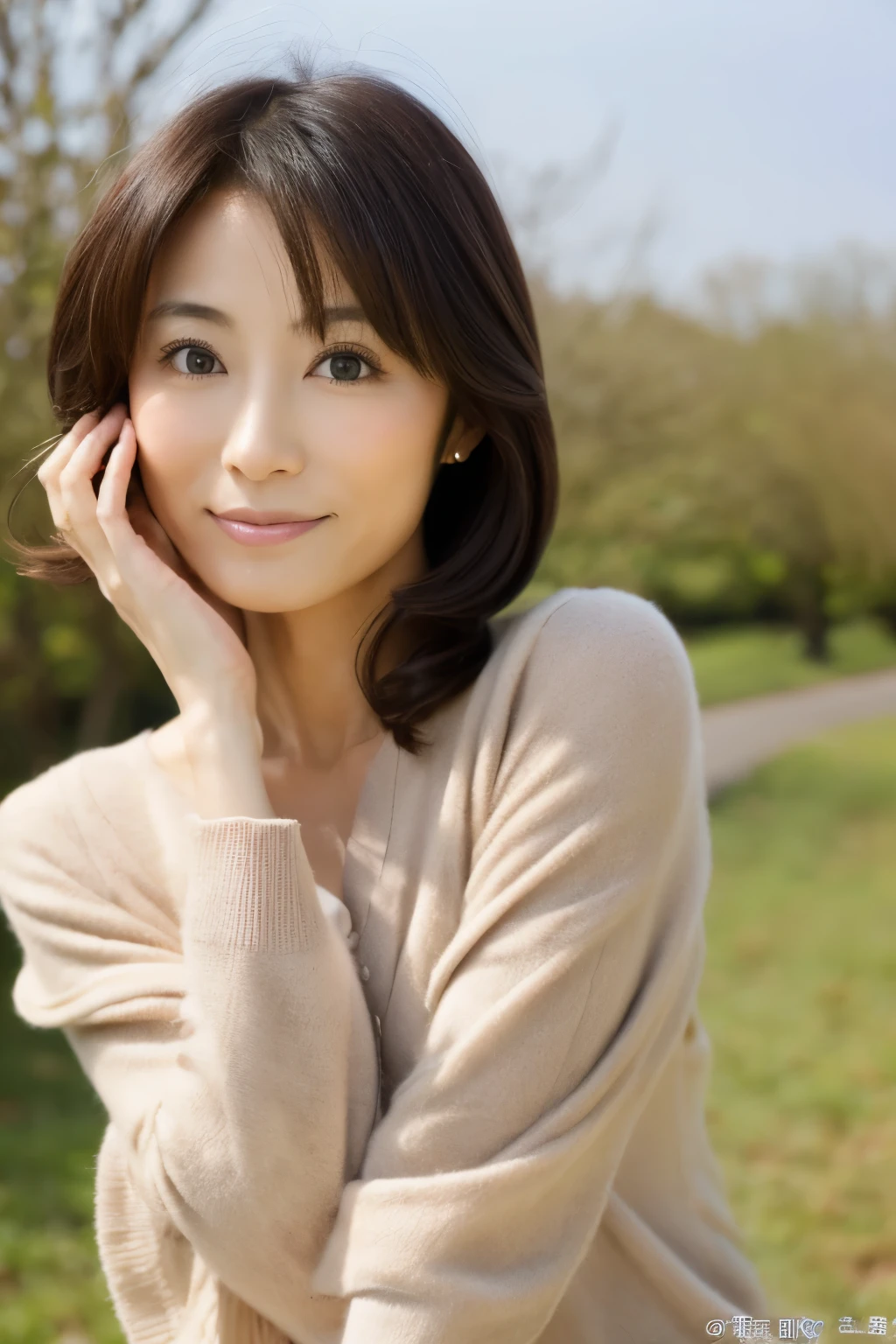 (masterpiece:1.3, high-level image quality, highest quality), (Beautiful realistic Japanese person:1.3),(Beautiful perfect limbs, Beautiful skin, Healthy body),(Skinny Japanese actress:1.3, cute little:1.3), detailed face, detailed eyes, A dark-haired, bobhair, 30 years old, Beautiful appearance, Engaging pose, Signs of spring, Gravure photography, professional photograpy, blows wind, serene landscape