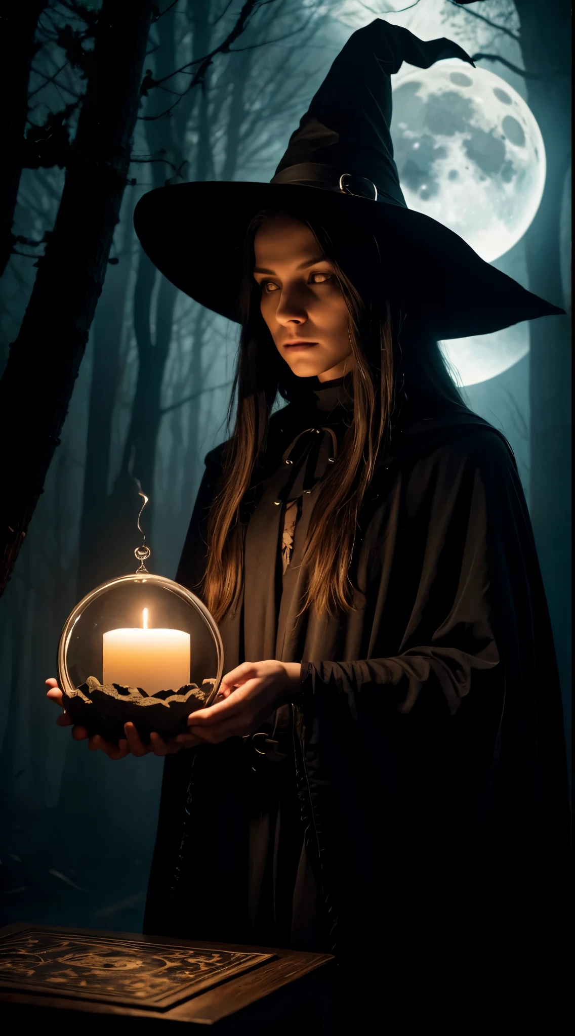 best quality,ultra-detailed,realistic,witch,ouija board,gloomy atmosphere,dark forest,eerie glow,mystical symbols,spellcasting,haunting expression,magic,occult,witchcraft,spirit communication,curiosity,ancient knowledge,dark robe,mystic energy,creepy,ominous,spooky,otherworldly,haunting,enchanted,spirits,dark magic,mysterious,supernatural powers,crystal ball,witch's hat,cauldron,smoke,ominous shadows,moonlit night,wisdom,witch's familiar,moon phase,witch's lair,witch's coven,spells and incantations,paranormal activity,uncanny