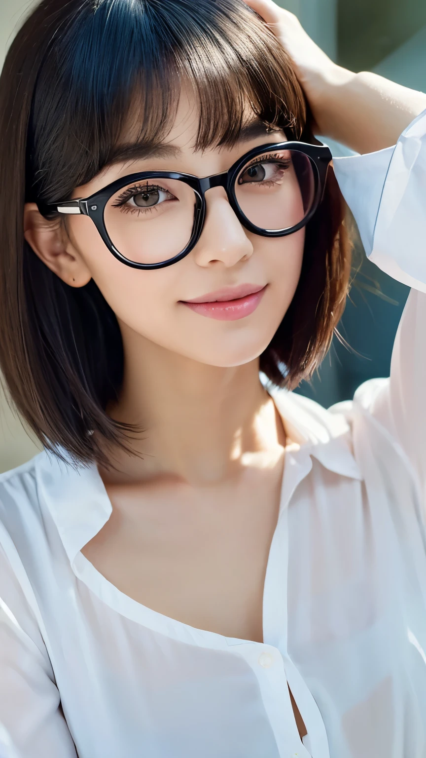 ((beauty like a model)), masterpiece, best image quality, super detailed, ((perfect face+black hair)), close-up of, short bob hair,wolf cut,Viewer's perspective, fine hair、fine eyes(realistic eyes),professional lighting,medium breasts,(brown eyes),(white blouse),(slender body:1.2),adult woman,Around 28 years old,Glamour,smile gently,half girl,eyelash,double eyelid,Black 7-Minute Sleeve Shirt,black rimmed square glasses,