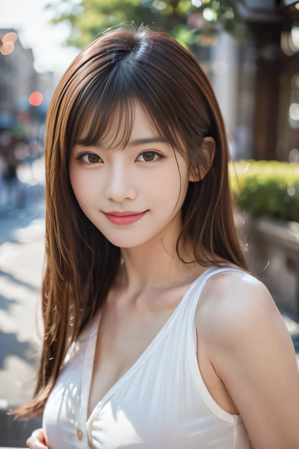 asian beautiful woman, smile, masterpiece, highest quality, 8k, Flawless, detailed background, soft lighting, ((1 female, alone)), (((not a sex pose))),  front face、Upper body ,big blue eyes,  (long brown wavy hair), (glossy lips),  near the river、yukata、 