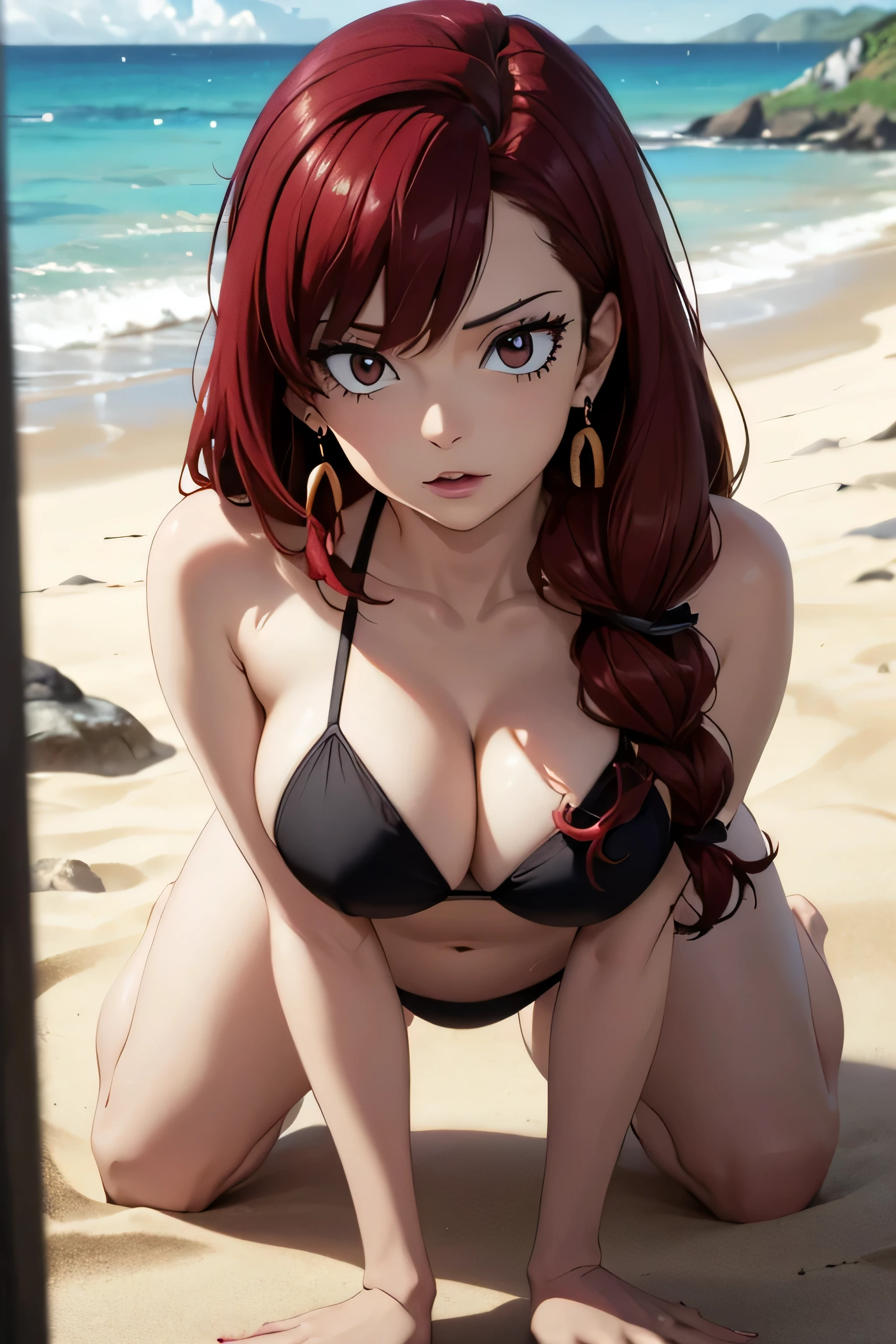 absurdres, high res, ultrasharp, 8K, {masterpiece}, expressive eyes, extremely detailed, best quality, perfect face, perfect eyes, irenedef, irenernd, red hair, brown eyes, large breasts, earrings, beach, bikini, all fours,