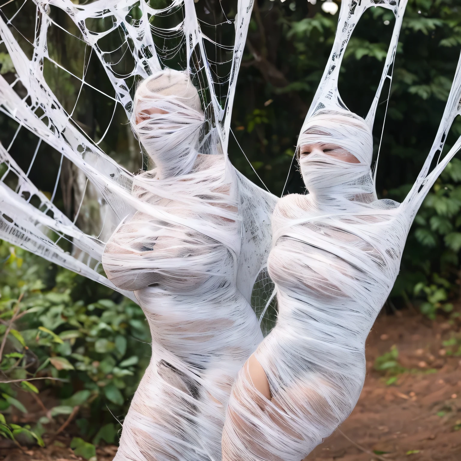 a girl entangled in the spider web, struggle, detailed classroom, (cocoon:1.3), spider web, hanging, spider in the web, spider