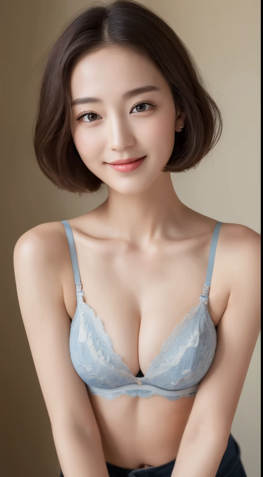 ((highest quality, 8k, masterpiece: 1.3)), 1 girl, The beauty of slim abs: 1.3, (Bob Hair 1.2),bra: 1.1, super detailed face, delicate eyes, double eyelid, smile, Home,big breasts,cleavage