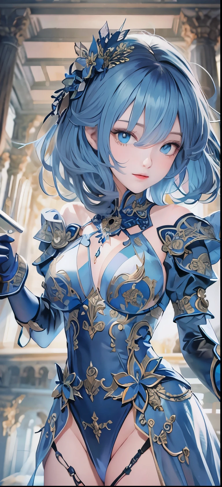 NSFW((masterpiece)), (((Best Quality))), ((Ultra-detailed)), (extremely detailed photo), ((extremely delicate and beautiful)),(Cute delicate face), ((masterpiece)), perfect anatomy, intricate, (highly detailed), masterpiece, photorealistic, (A 20 years old dignified girl),(blue and black armor), (Castle town) ,alone,short hair, looking at viewer, (holding glowing weapon), double eyelid,delicate skin,slender body shape,medium breast