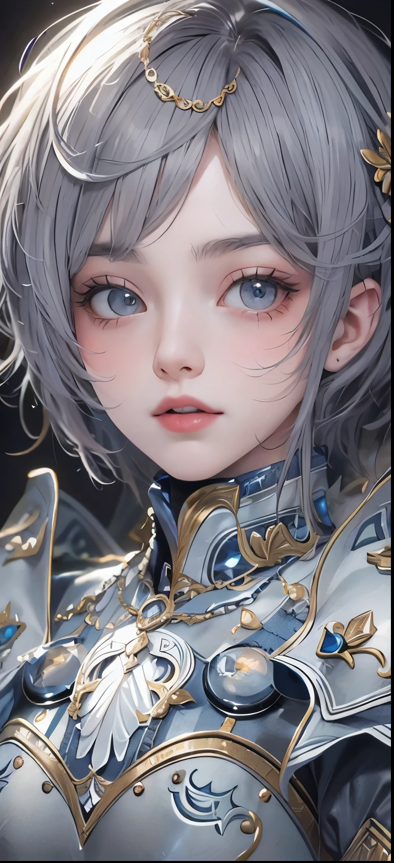 NSFW((masterpiece)), (((Best Quality))), ((Ultra-detailed)), (extremely detailed photo), ((extremely delicate and beautiful)),(Cute delicate face), ((masterpiece)), perfect anatomy, intricate, (highly detailed), masterpiece, photorealistic, (A 20 years old dignified girl),(gray and black armor), (Castle town) ,alone,short hair, looking at viewer, (holding glowing weapon), double eyelid,delicate skin,slender body shape,medium breast