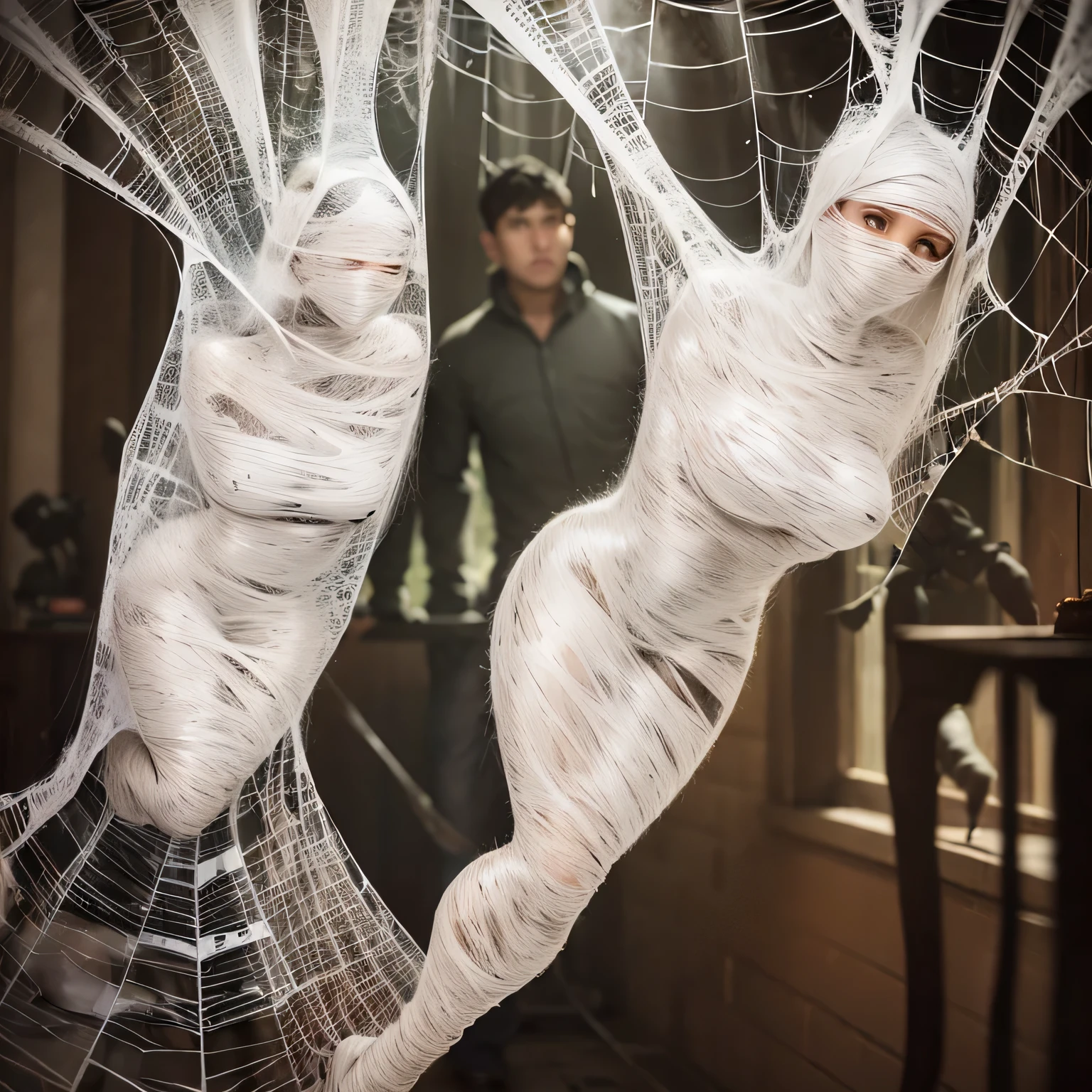a girl entangled in the spider web, struggle, detailed classroom, (cocoon:1.3), spider web, hanging, spider in the web, spider