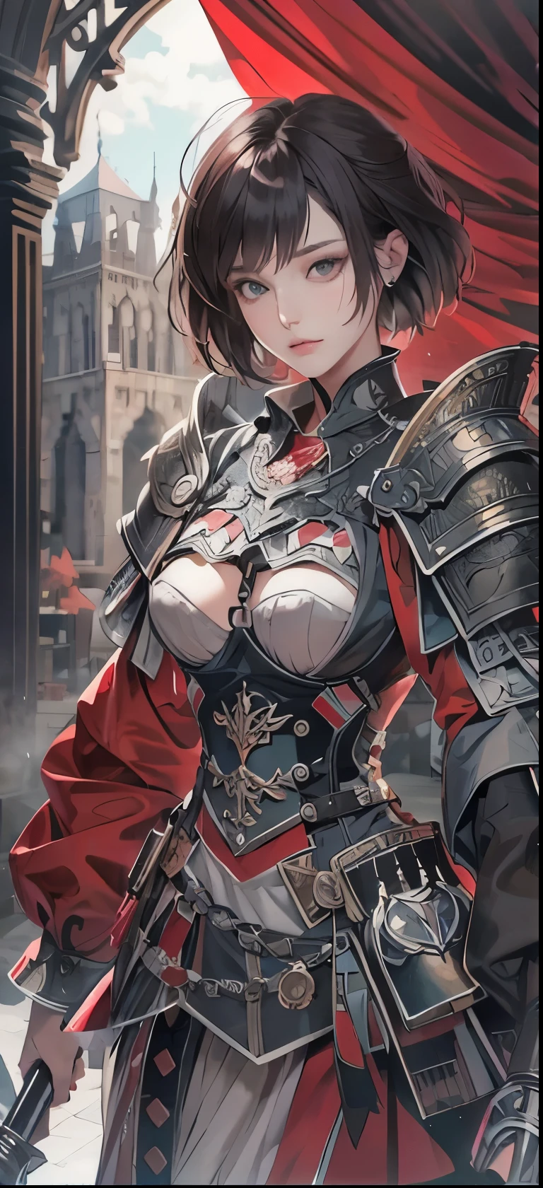 NSFW((masterpiece)), (((Best Quality))), ((Ultra-detailed)), (extremely detailed photo), ((extremely delicate and beautiful)),(Cute delicate face), ((masterpiece)), perfect anatomy, intricate, (highly detailed), masterpiece, photorealistic, (A 20 years old dignified girl),(red and black armor), (Castle town) ,alone,short hair, looking at viewer, (holding glowing weapon), double eyelid,delicate skin,slender body shape,medium breast,solo.alone