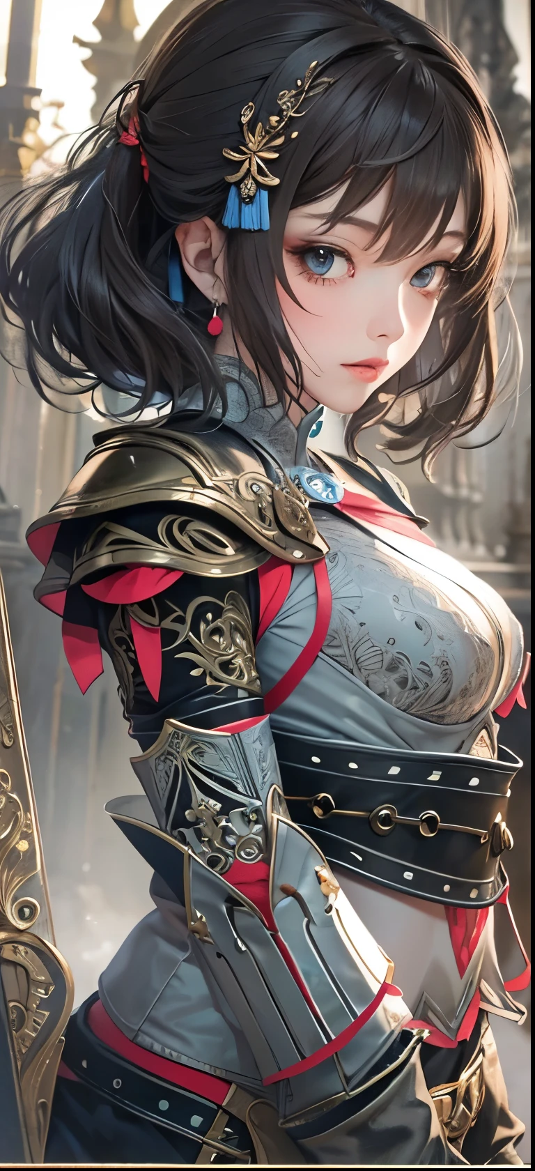 NSFW((masterpiece)), (((Best Quality))), ((Ultra-detailed)), (extremely detailed photo), ((extremely delicate and beautiful)),(Cute delicate face), ((masterpiece)), perfect anatomy, intricate, (highly detailed), masterpiece, photorealistic, (A 20 years old dignified girl),(red and black armor), (Castle town) ,alone,short hair, looking at viewer, (holding glowing weapon), double eyelid,delicate skin,slender body shape,medium breast,solo.alone,beautiful lip