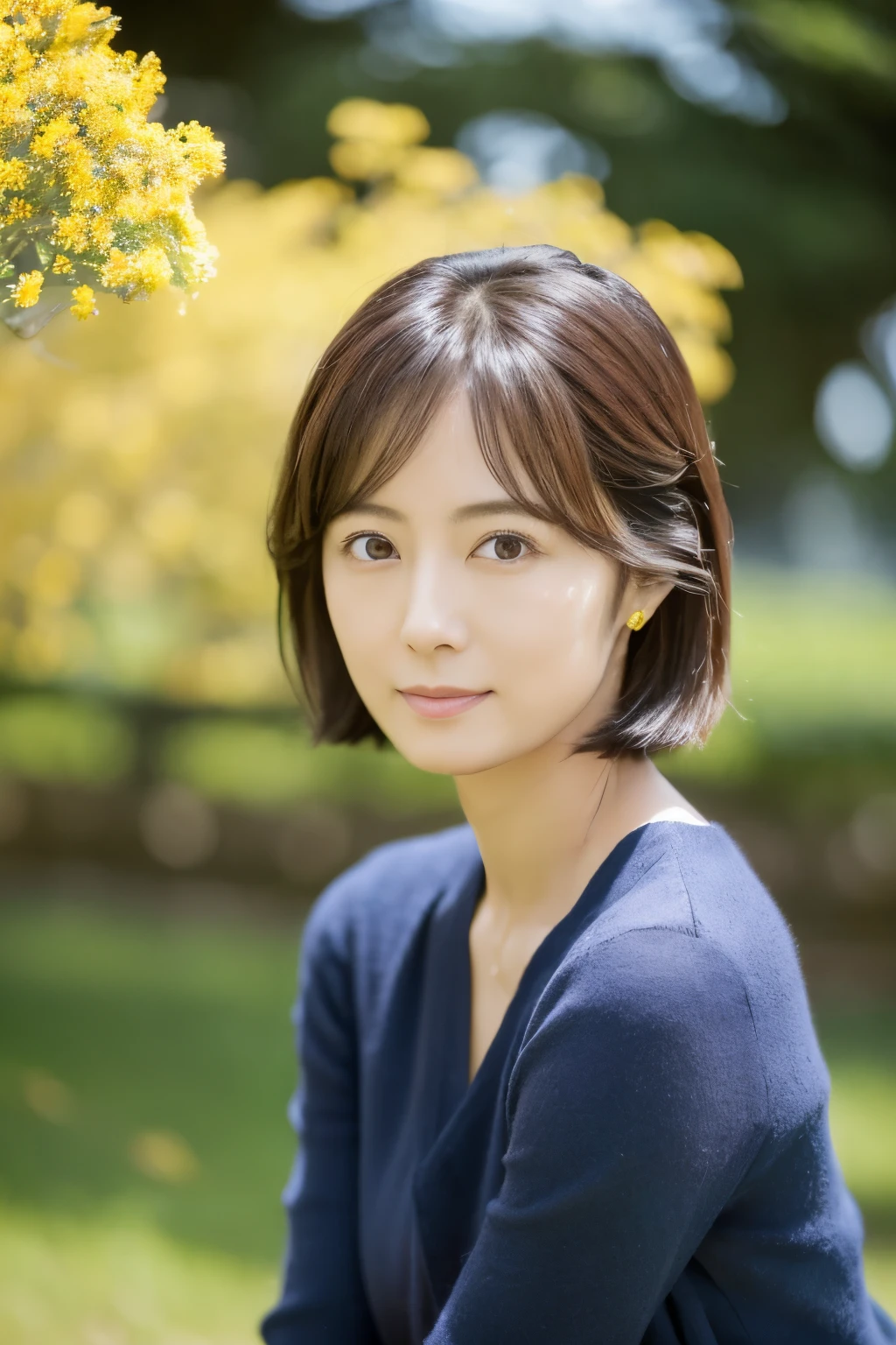 (masterpiece:1.3, high-level image quality, highest quality), (Beautiful realistic Japanese person:1.3),(perfect anatomia, Beautiful perfect limbs, Beautiful skin, Healthy body),(Skinny Japanese actress:1.3, cute little:1.3), detailed face, detailed eyes, A dark-haired, bobhair, 30 years old, Beautiful appearance, Engaging pose, Signs of spring, Gravure photography, professional photograpy, blows wind, serene landscape