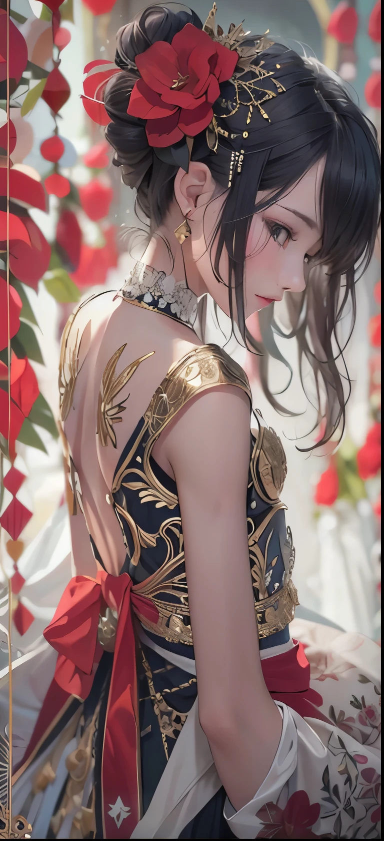 NSFW((masterpiece)), (((Best Quality))), ((Ultra-detailed)), (extremely detailed photo), ((extremely delicate and beautiful)),(Cute delicate face), ((masterpiece)), perfect anatomy, intricate, (highly detailed), masterpiece, photorealistic, (A 20 years old dignified girl),(red and black armor), (Castle town) ,alone,short hair, looking at viewer, (holding glowing weapon), double eyelid,delicate skin,slender body shape,medium breast,solo.alone,beautiful lip