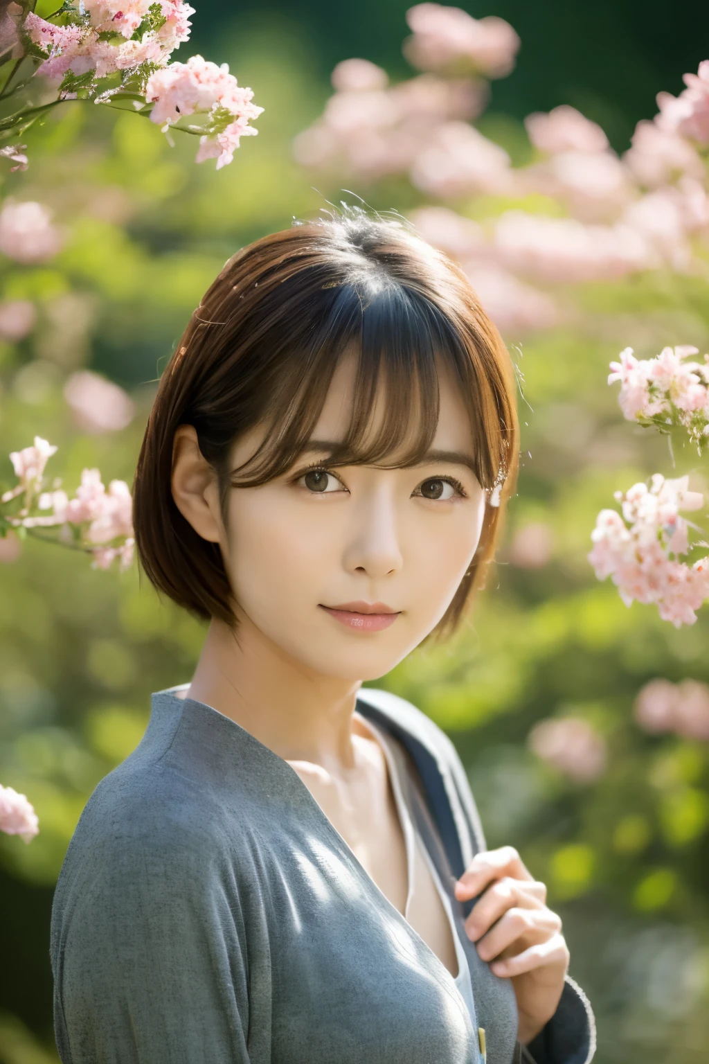 (masterpiece:1.3, high-level image quality, highest quality), (Beautiful realistic Japanese person:1.3),(perfect anatomia, Beautiful perfect limbs, Beautiful skin, Healthy body),(Skinny Japanese actress:1.3, cute little:1.3), detailed face, detailed eyes, A dark-haired, bobhair, 30 years old, Beautiful appearance, Engaging pose, Signs of spring, Gravure photography, professional photograpy, blows wind, serene landscape