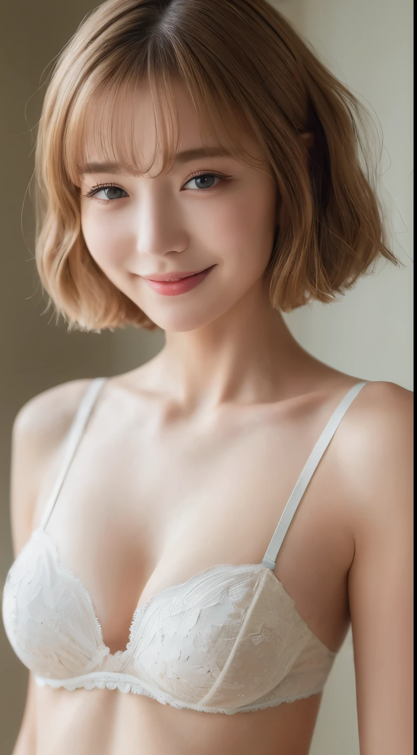 ((highest quality, 8k, masterpiece: 1.3)), 1 girl, The beauty of slim abs: 1.3, (short hair: 1.2),colorful bra: 1.1, super detailed face, delicate eyes, double eyelid, smile, Home,big breasts,cleavage